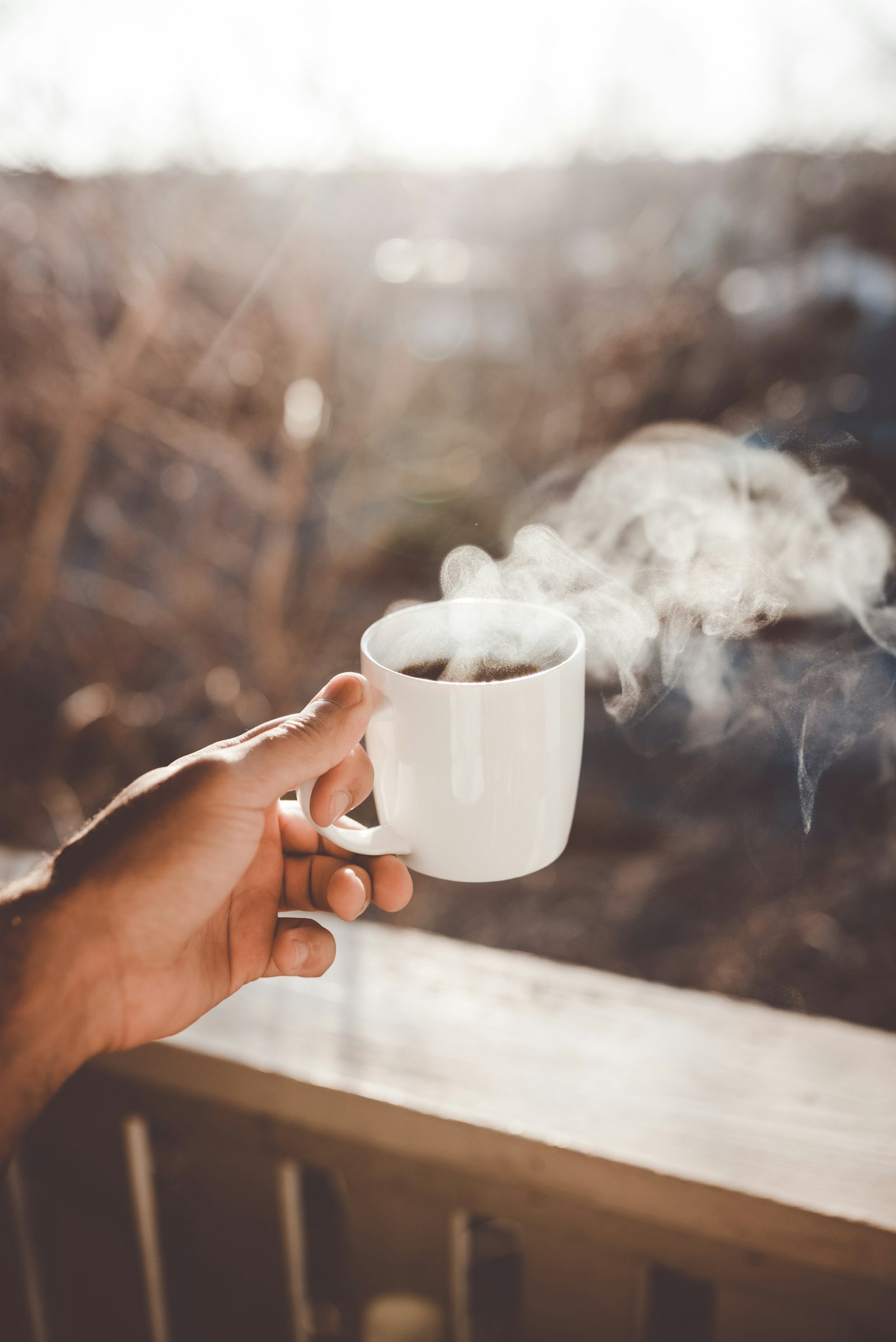 Hand holding a steaming ceramic mug in warm sunlight